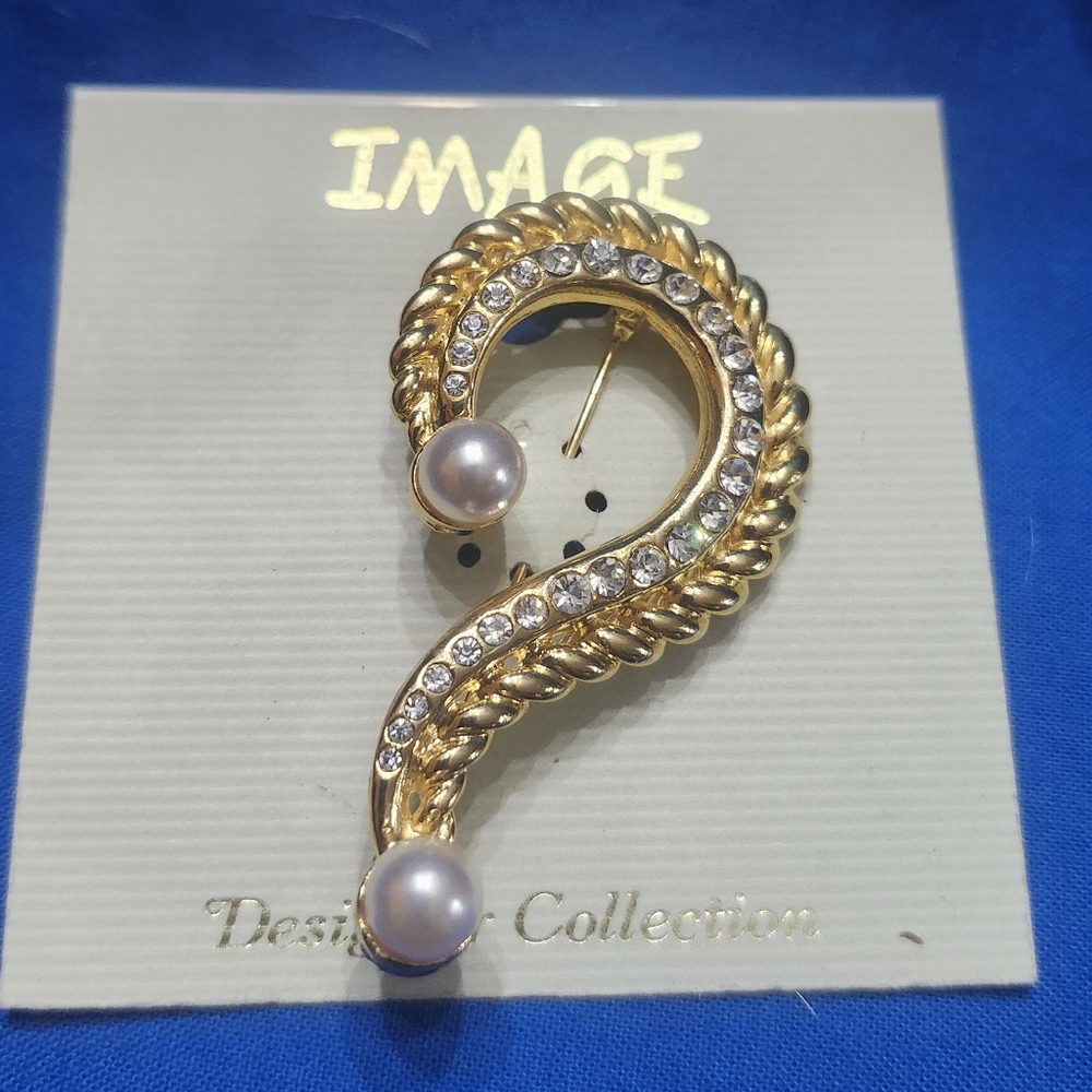 Vtg  Image ? Question Mark Faux Pearl Gold Tone Rhinestone Pin Brooch MOC